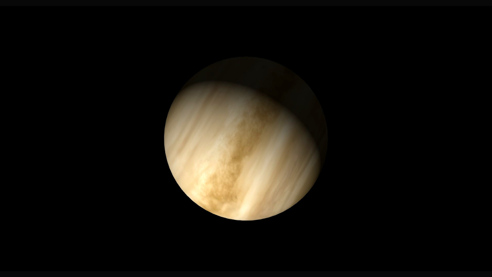 Venus' golden stripes are seen in this close up of the planet in space.