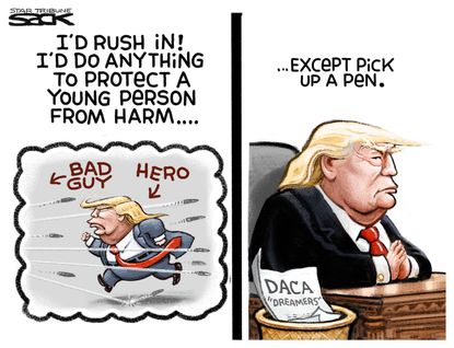 Political cartoon U.S. Trump heroism comments Parkland shooting DACA