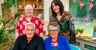 The Great British Bake Off hosts and judges: Noel Fielding with Matt Lucas, Prue Leith and Paul Hollywood