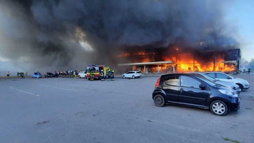 The shopping center in Kremenchuk, Ukraine, after being hit by missiles.