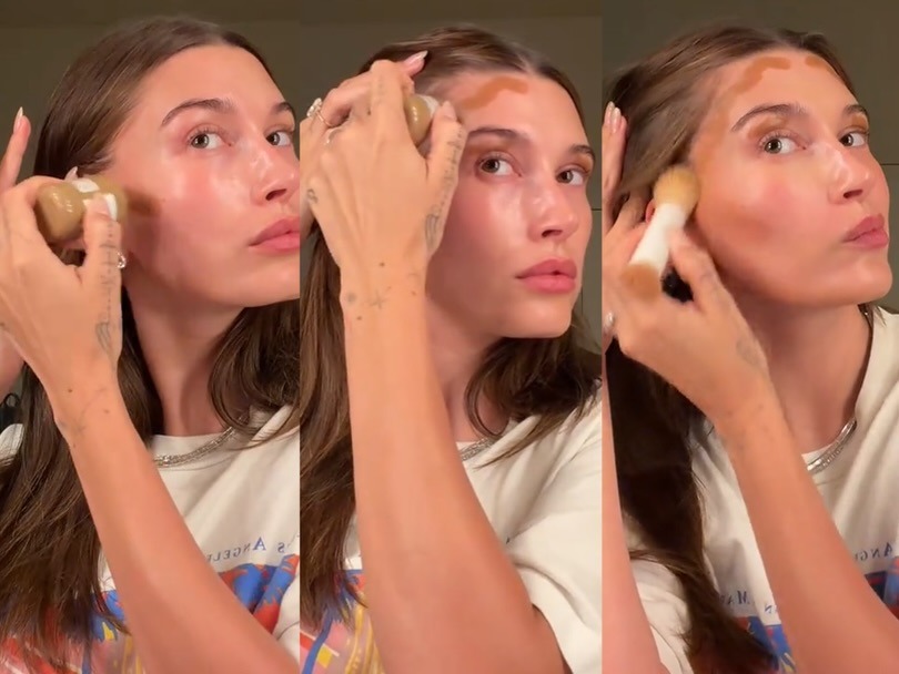 Hailey Bieber applying bronzer/contour