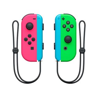 Pink and Green Joy-Cons with Blue Straps