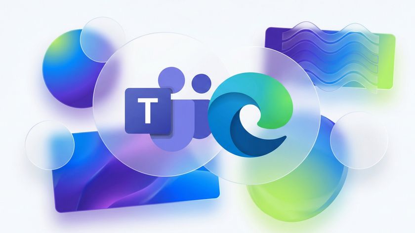 Microsoft Teams and Microsoft Edge logos on a colored, glassy background