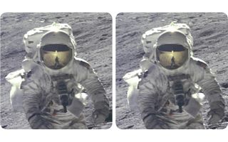 A closer view of astronaut Charlie Duke's sample collecting at Plum Crater shows the reflected image of fellow astronaut John Young in Duke's visor, taken during the 1972 Apollo 16 mission.