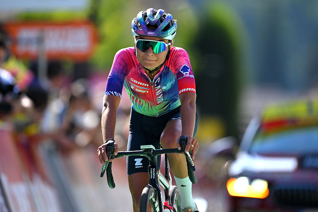 AMBERT, FRANCE - JULY 31: Ricarda Bauernfeind of Germany and Team CANYON//SRAM zondacrypto crosses the finish line during the 4th Tour de France Femmes 2025, Stage 6 /a 123.7km stage from Clermont-Ferrand to Ambert #UCIWWT / on July 31, 2025 in Ambert, France. (Photo by Tim de Waele/Getty Images)
