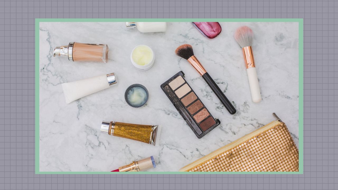 A flatlay of make up and skincare products for the &#039;what does cruelty-free mean&#039; article