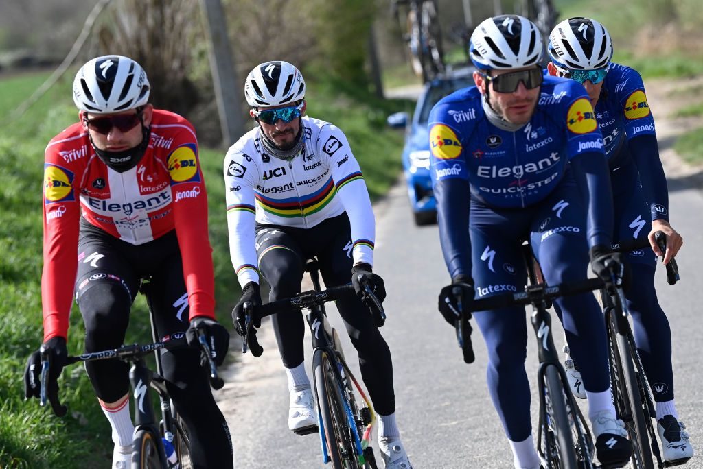 Danish Kasper Asgreen of Deceuninck QuickStep French Julian Alaphilippe of Deceuninck QuickStep and French Florian Senechal of Deceuninck QuickStep pictured during a training session on the track of the Ronde van Vlaanderen cycling race Friday 02 April 2021 The 105th edition of the cycling race will take place on Easter Sunday 04 AprilBELGA PHOTO DIRK WAEM Photo by DIRK WAEMBELGA MAGAFP via Getty Images