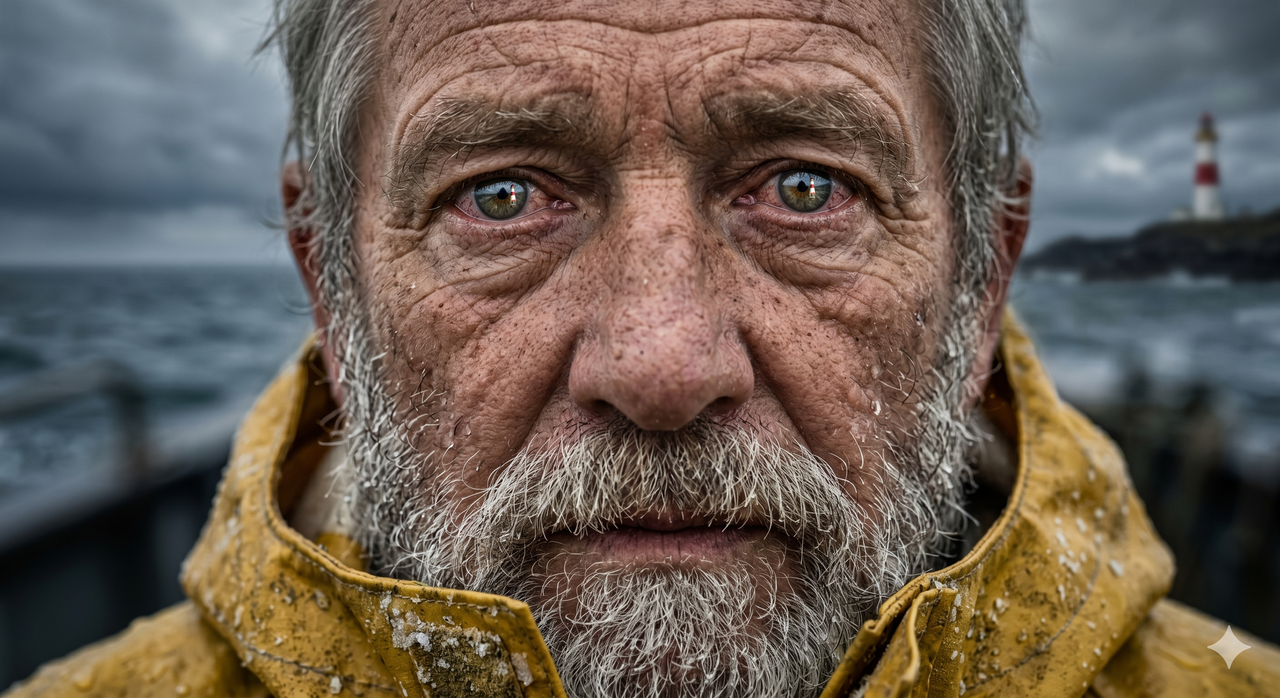 A photorealistic AI-generated image of a close up of a fisherman with white hair and beard