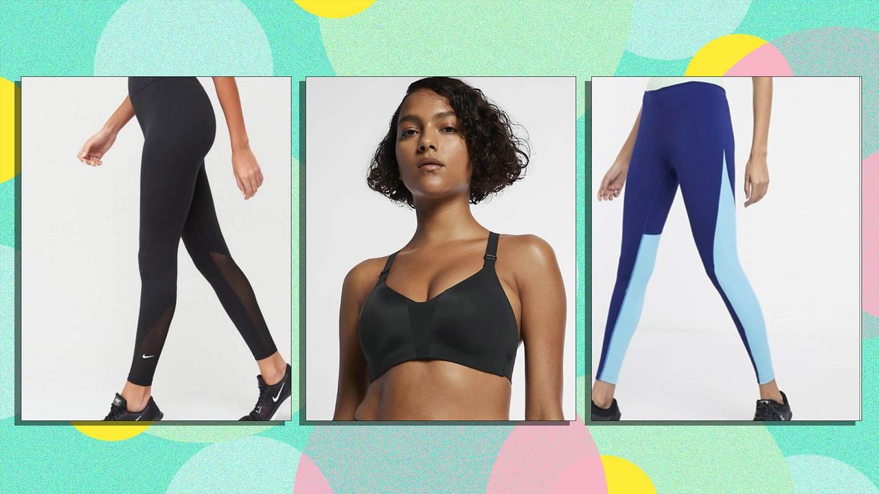 A selection of the best workout clothes is pictured in boxes ontop of a graphic coloured background, the images in the boxes are leggings from ASOS, a bra top from Nike and leggings from M&amp;S