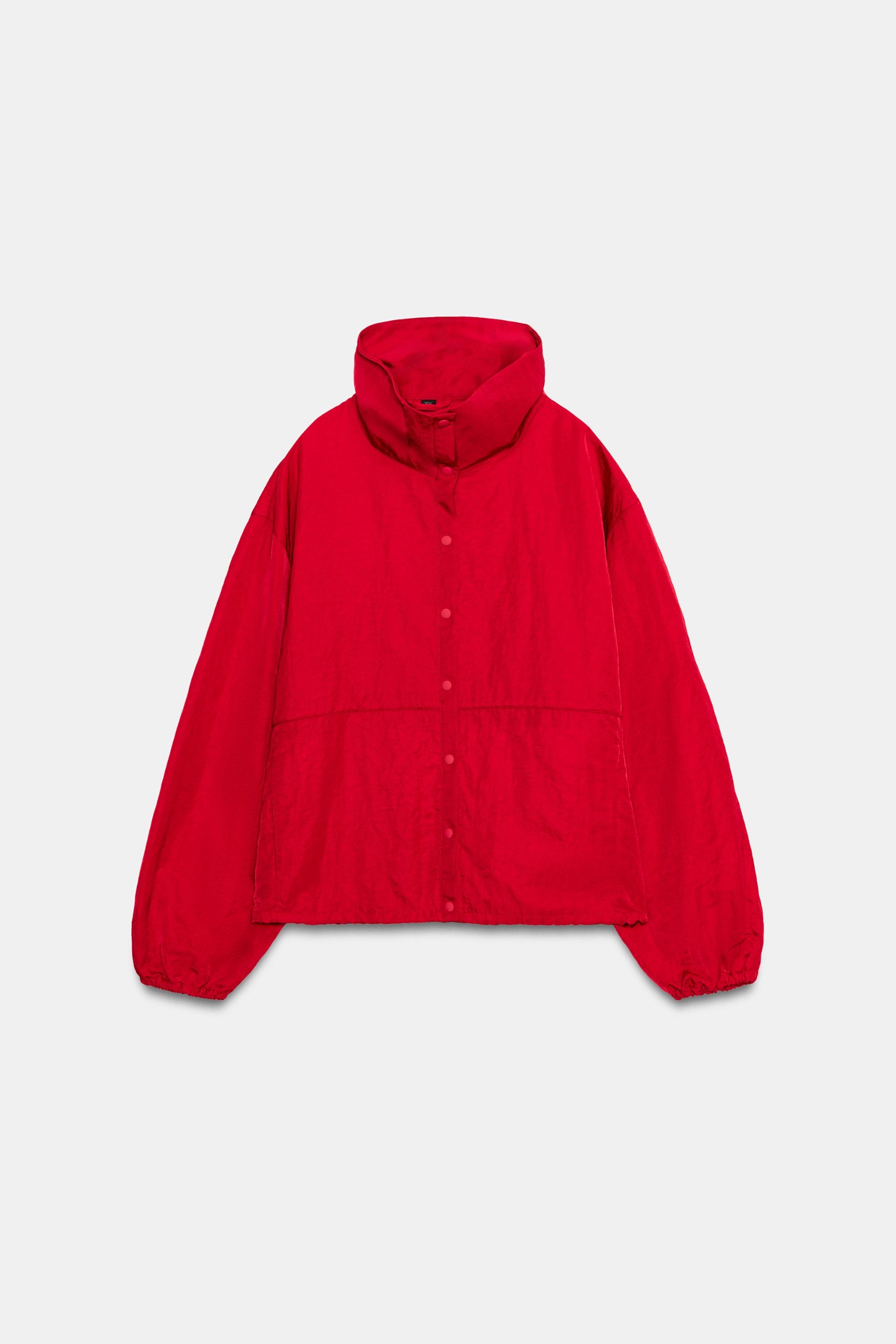 ZARA, Technical Fabric Snap-Button Jacket - Red - Xs