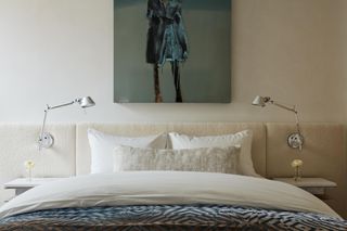A headboard upholstered in boucle