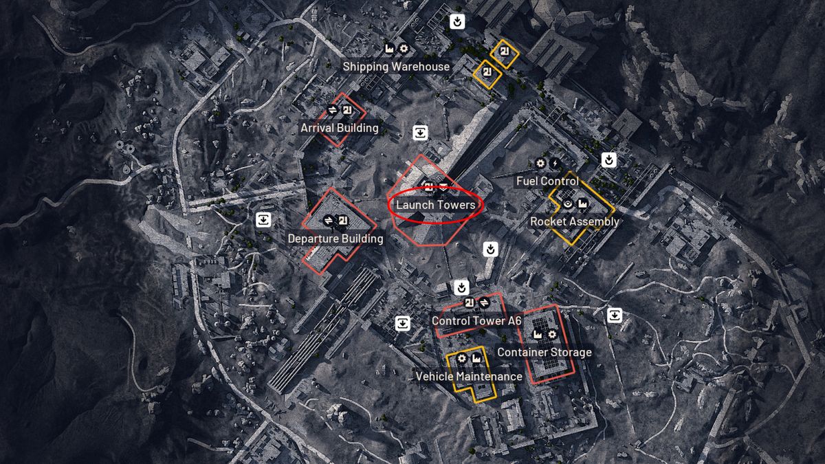 Arc Raiders Matriarch: A map of Spaceport with a red oval marking the Launch Towers area at the centre of the map.