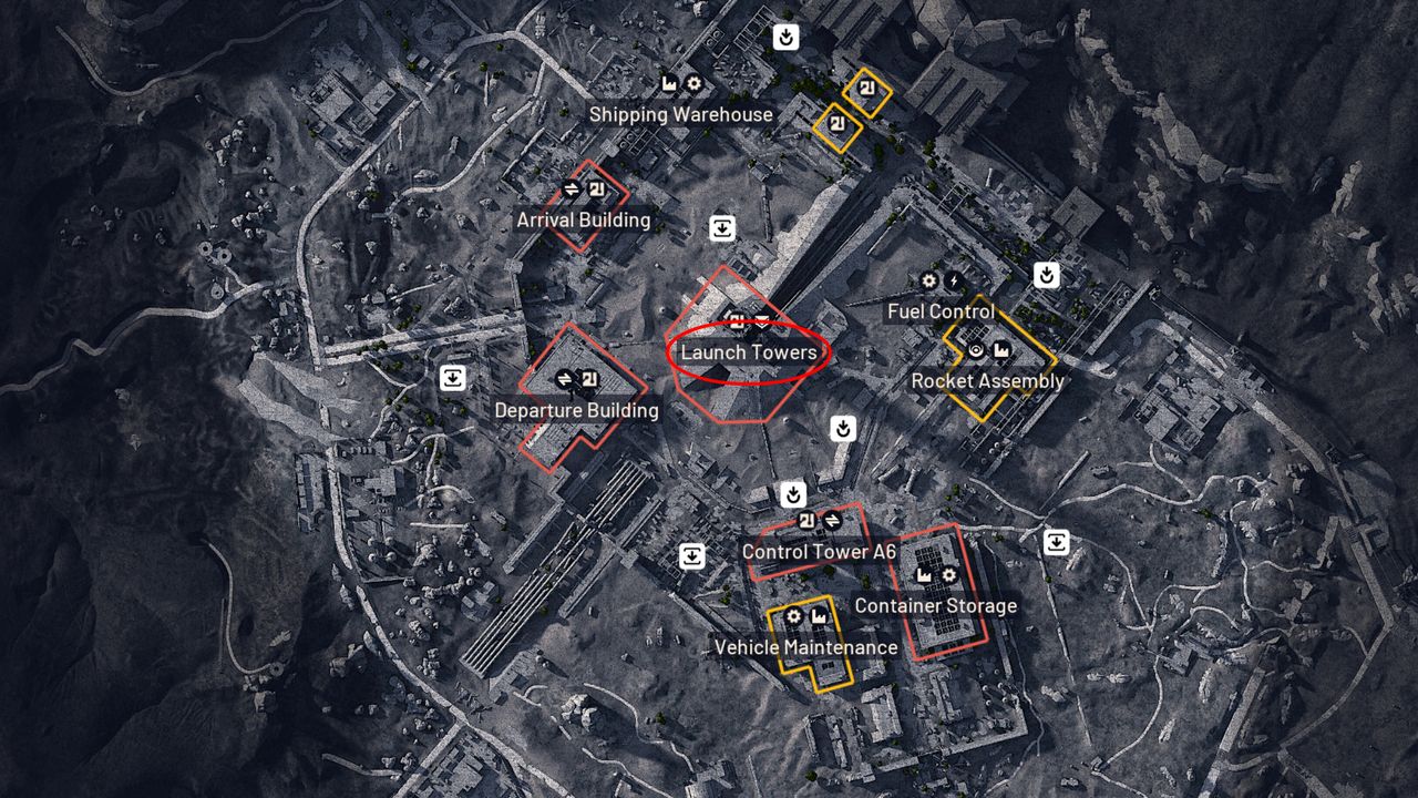 Arc Raiders Matriarch: A map of Spaceport with a red oval marking the Launch Towers area at the centre of the map.