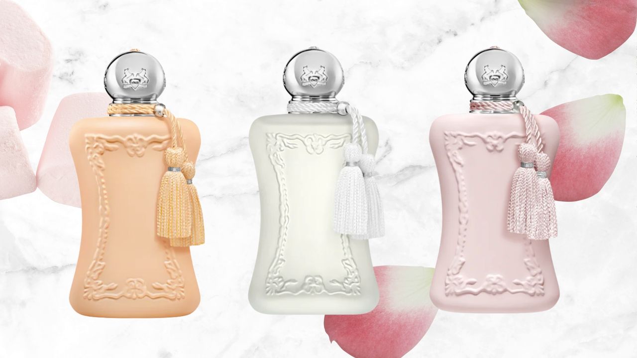 A collage of Parfums de Marly perfumes, including Cassili, Valaya and Delina, all featured on a grey and white marble-effect template with stock images of marshmallows and rose petals to mirror the notes in some of the fragrances