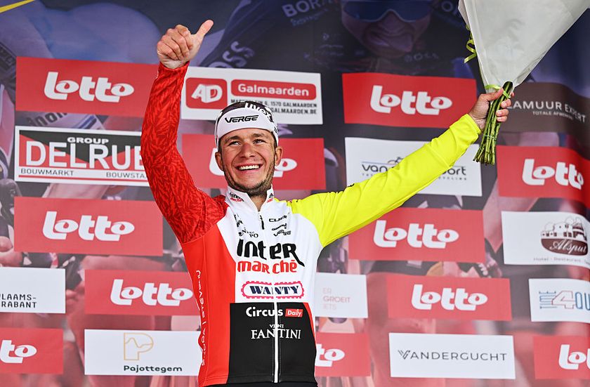 STRIJLAND, BELGIUM - SEPTEMBER 21: Gerben Thijssen of Belgium and Team Intermarche - Wanty on third place poses on the podium ceremony after the 22nd Gooikse Pijl 2025 a 195.8km one day race from Roosdaal to Strijland on September 21, 2025 in Strijland, Belgium. (Photo by Luc Claessen/Getty Images)