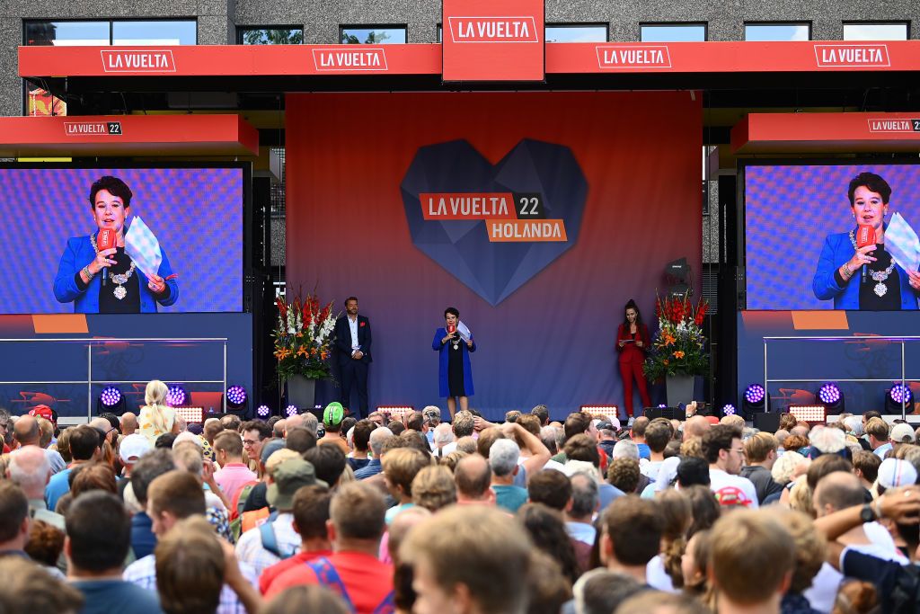 UTRECHT NETHERLANDS AUGUST 18 Sharon Dijksma mayor of Utrecht during the 77th Tour of Spain 2022 Team Presentation LaVuelta22 WorldTour on August 18 2022 in Utrecht Netherlands Photo by Tim de WaeleGetty Images