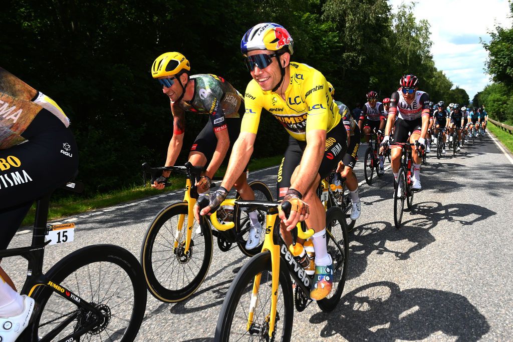 SONDERBORG DENMARK JULY 03 LR Tiesj Benoot of Belgium and Wout Van Aert of Belgium and Team Jumbo Visma Yellow Leader Jersey compete during the 109th Tour de France 2022 Stage 3 a 182km stage from Vejle to Snderborg TDF2022 WorldTour on July 03 2022 in Sonderborg Denmark Photo by Tim de WaeleGetty Images