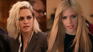 Kristen Stewart with blonde hair in Happiest Season and Avril Lavigne in Bite Me acoustic music video