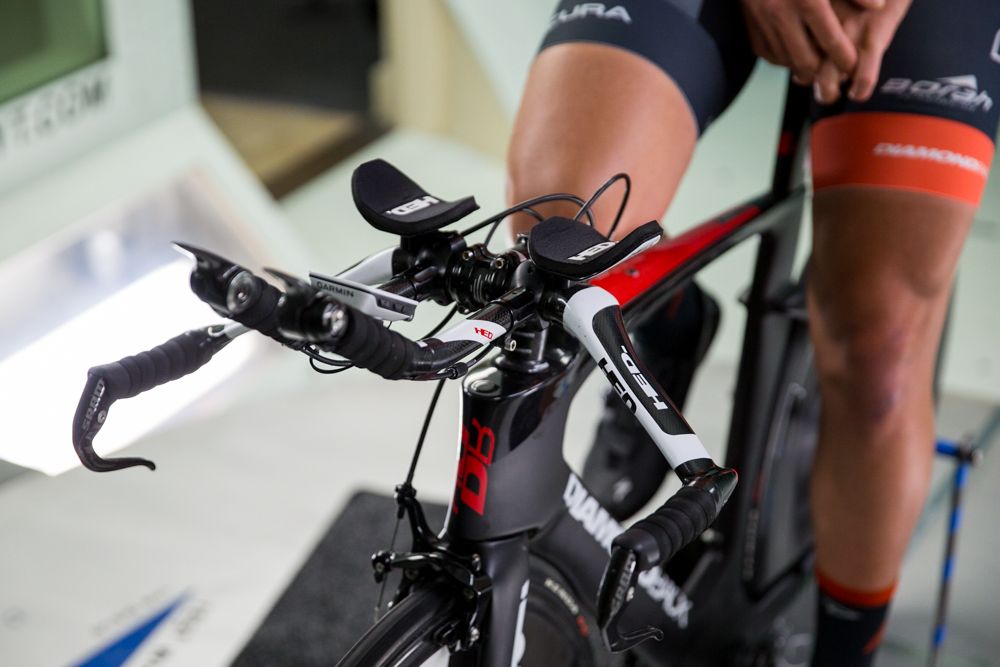 A look at Huffman&rsquo;s handlebar setup at the start of the day. Through testing it was shown that Huffman could lower his drag by raising his bar height, but bringing his elbows in closer together.
