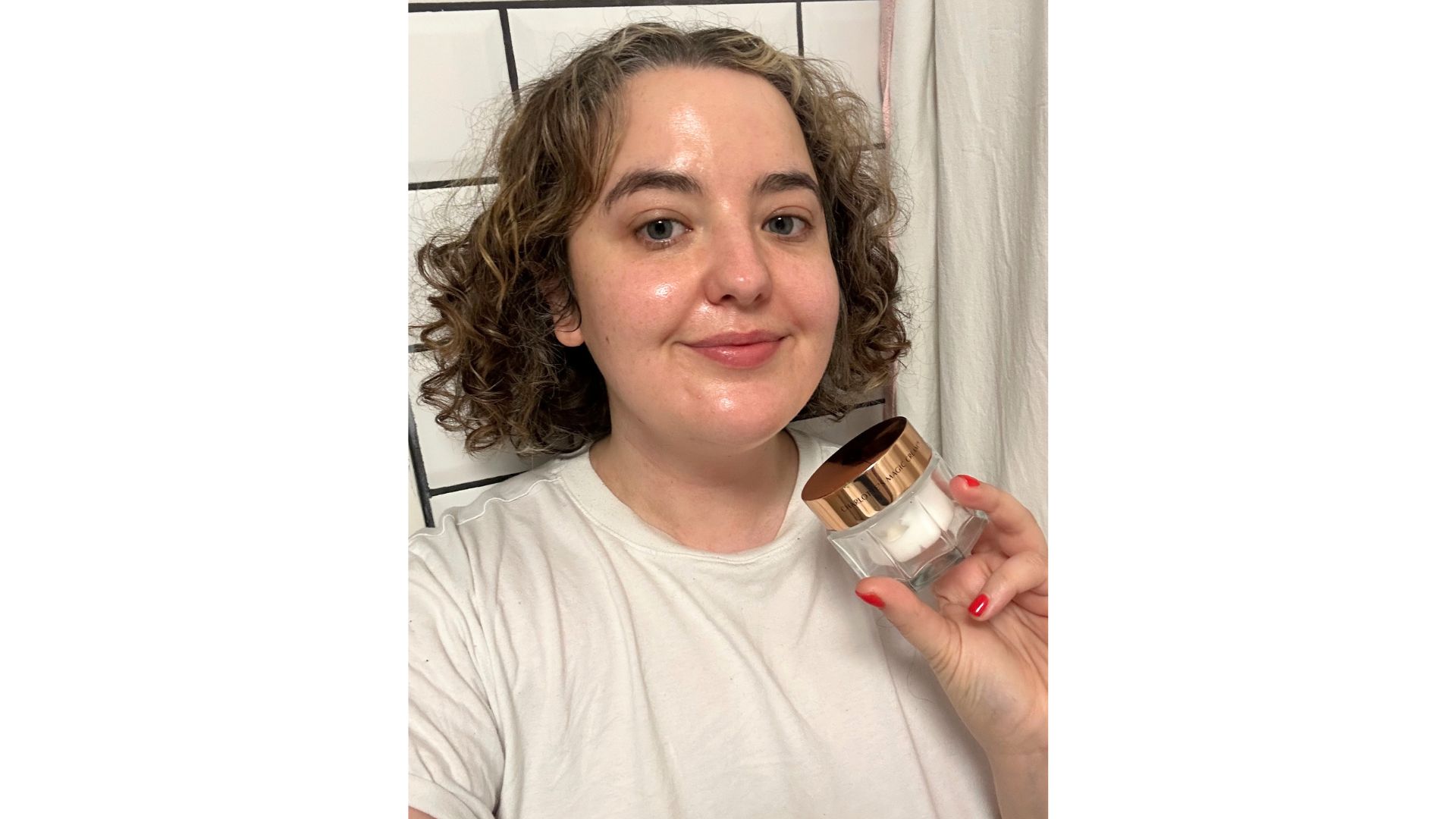 an image of Rhiannon Derbyshire after applying Charlotte Tilbury Magic Cream