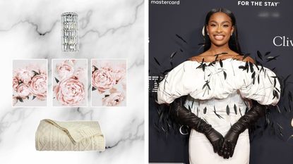 Coco Jones, bedroom accessories on a marble background, including floral wall art, a glass sconce, and a knit throw pillow