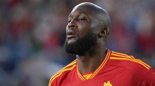 Romelu Lukaku of Roma looks on during the Italian Serie A match between Roma V Milan At Stadio Olimpico On September 01, 2023 In Rome, Italy.