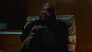 Samuel L Jackson as Nick Fury, sitting in a leather chair in Spider-Man: Far From Home