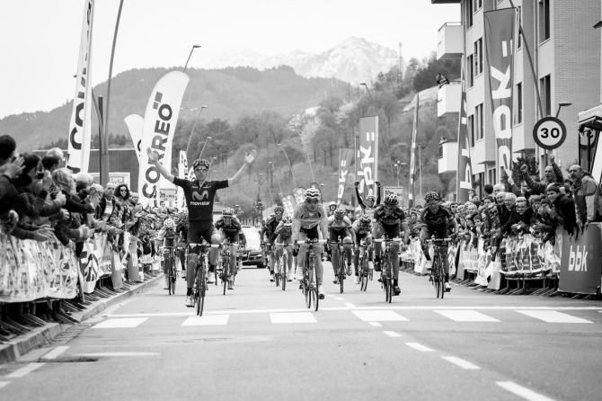 Movistar's Rui Costa celebrates his win at the Klasika Primavera de Amorebieta - note the premature elation from a Euskaltel-Euskadi rider in the background