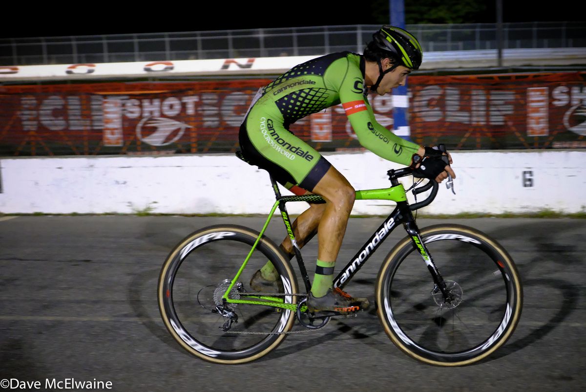 Curtis White (Cannondale) racing on the track with an eight second lead and one lap remaining