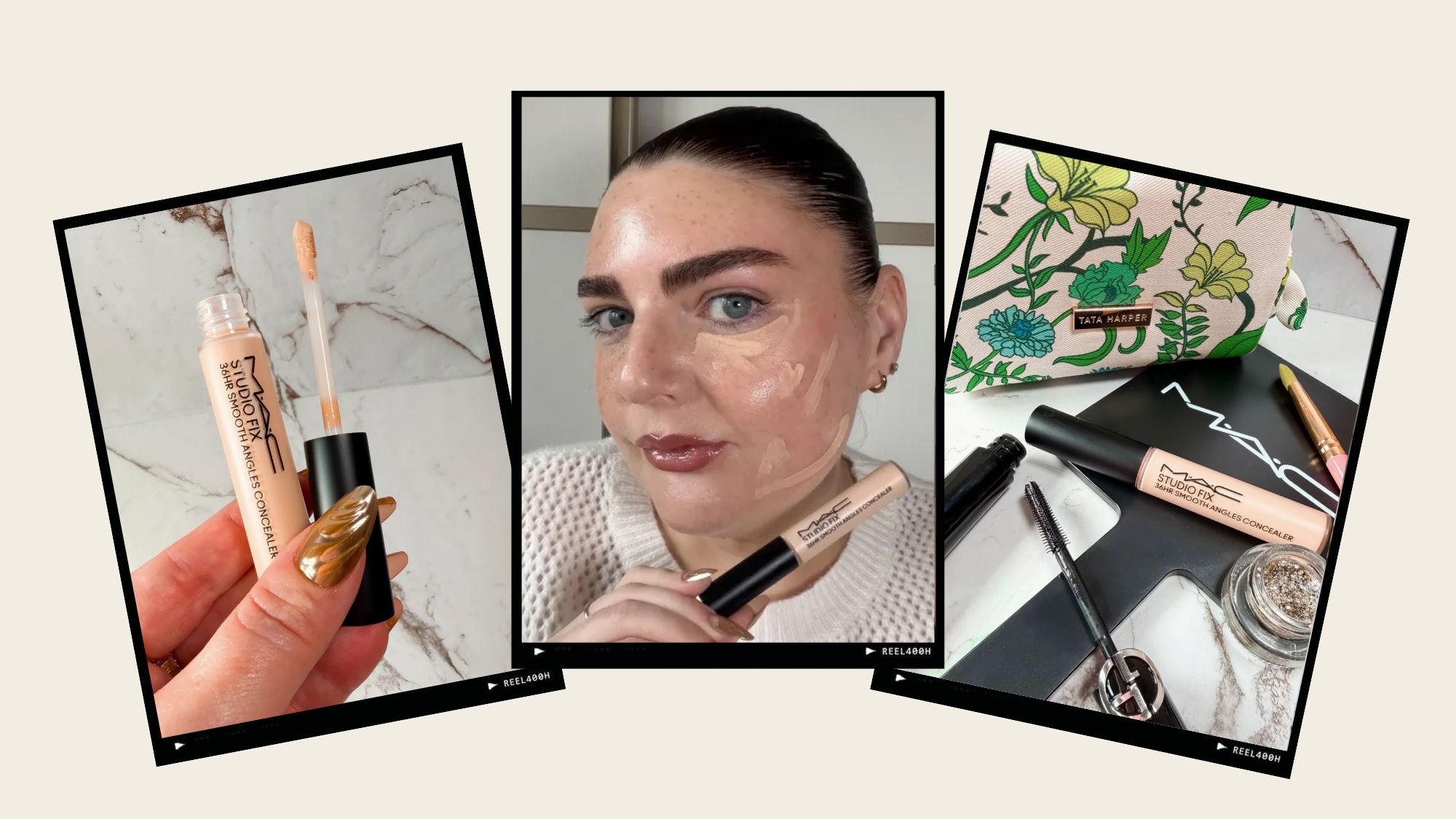 Laura Pearson holding and wearing the new MAC Studio Fix 36HR Smooth Angles Concealer