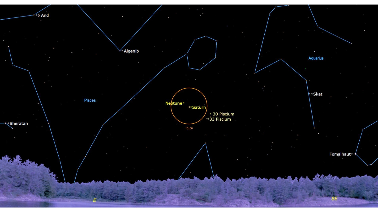 A night sky map showing Saturn shining to the lower right of Neptune, the duo share a field of view of binoculars which is shown with an orange circle.