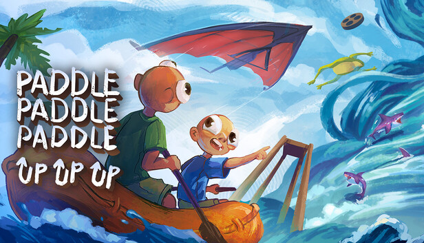 Paddle Paddle Paddle key art showing two cartoon characters in a small boat facing a giant wave, highlighting the game's chaotic co-op adventure.