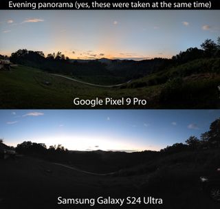 Comparing a panorama captured in the evening between a Google Pixel 9 Pro and Samsung Galaxy S24 Ultra