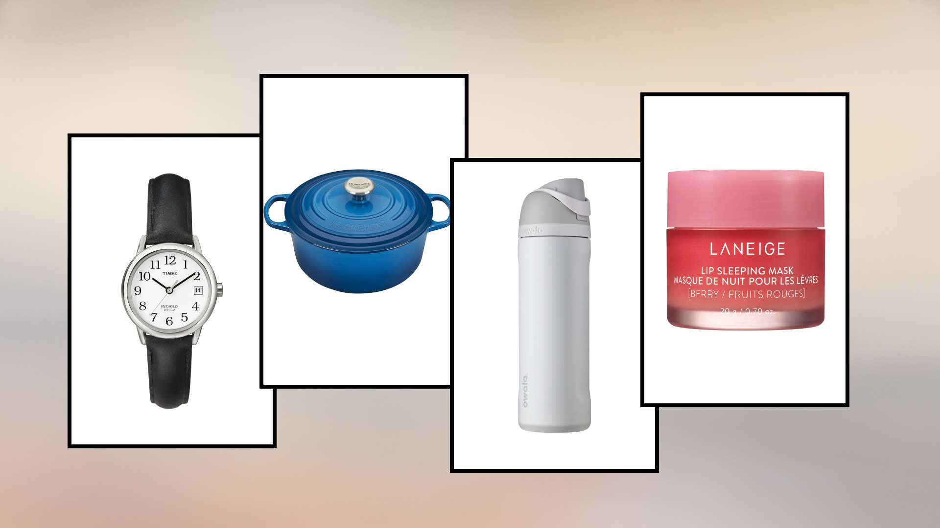 product collage of Timex Women's Easy Reader Watch, le creuset cast oven, owala water bottle, and laneige lip sleeping mask on white boxes with black borders on gradient background