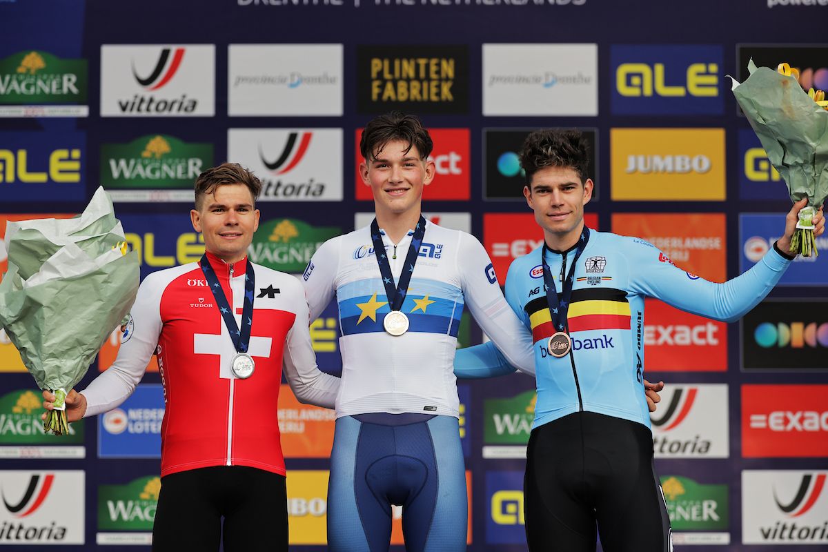 Picture by Alex Whitehead/SWpix.com - 20/09/2023 - Cycling - UEC Road European Championships 2023 - Elite Men Individual Time Trial - Drenthe, Netherlands - Joshua Tarling of Great Britain on the podium receiving the gold medal with Stefan Bissegger of Switzerland receiving the silver medal and Wout van Aert of Belgium receiving the bronze medal