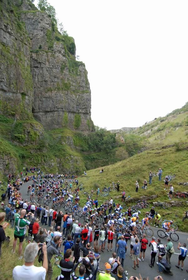 The peloton heads through Cheddar Gorge