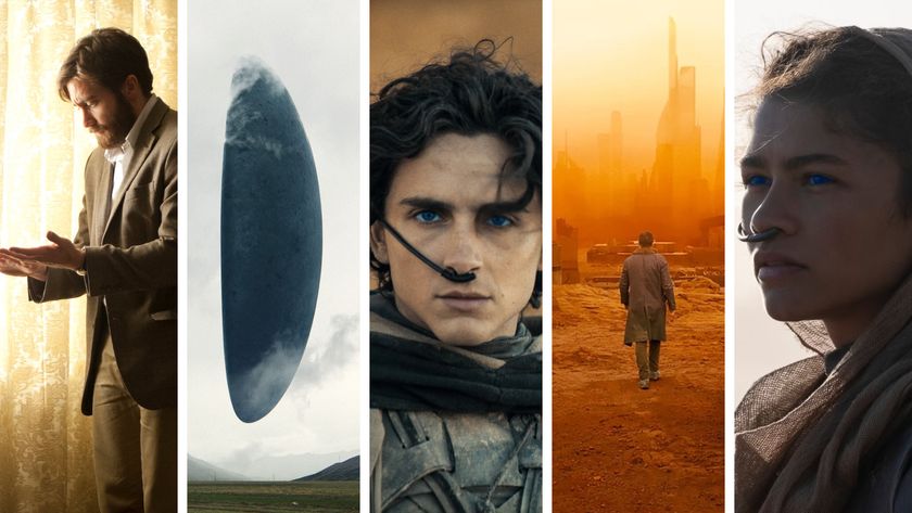 Split image showing five Denis Villeneuve sci-fi movies. L-R: Enemy, Arrival, Dune: Part Two, Blade Runner 2049, and Dune.