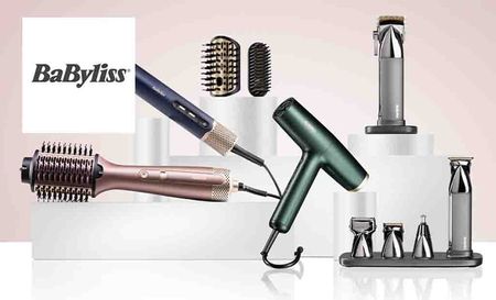 Babyliss logo placed over a selection of hair products and appliances 