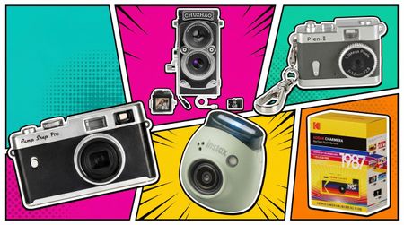 Five cheap toy cameras on a pop art-style animated backgroun