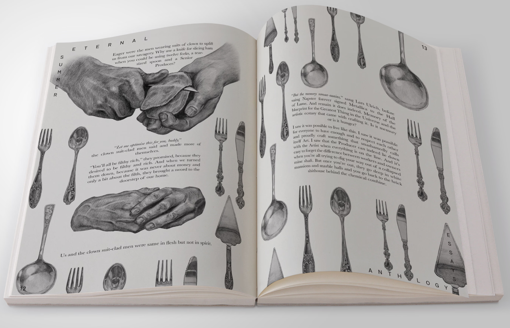 Summer Eternal Anthology Volume One open to page showing various utensils and hands working on food.