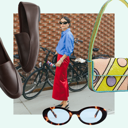 One woman wears red skirt, blue button down, and black heels. The other woman wears matching plaid windbreaker and mini short set. The image also depicts products from article. 