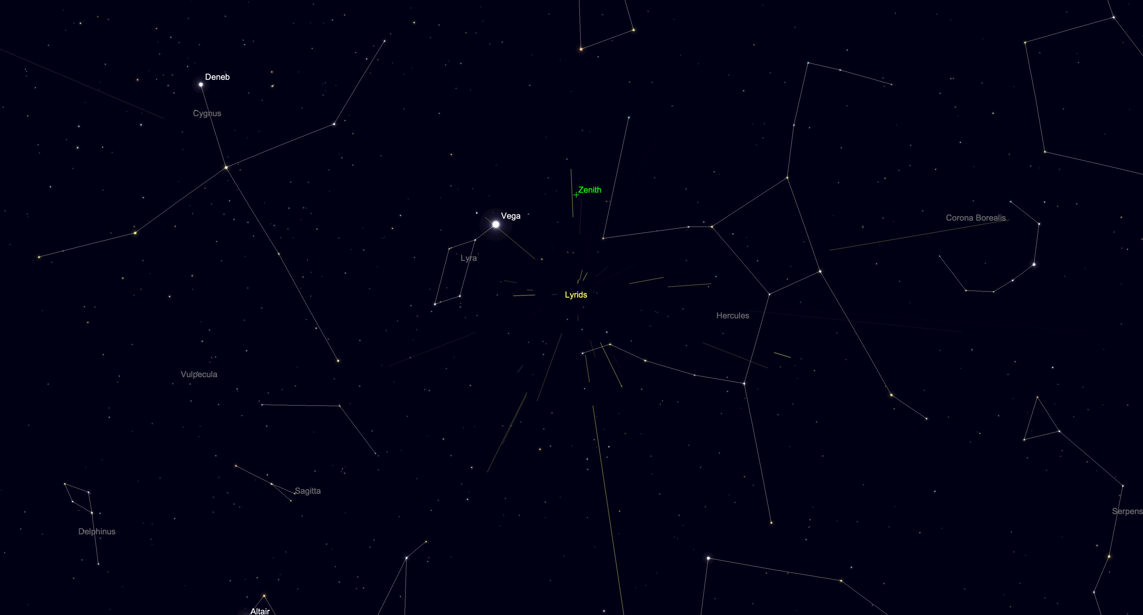 A simulation of the night sky for April 22 showing the radiant of the Lyrid meteor shower close to the constellation Hercules. The stars of major constellations are connected by white lines in a black sky dotted with lesser stars.