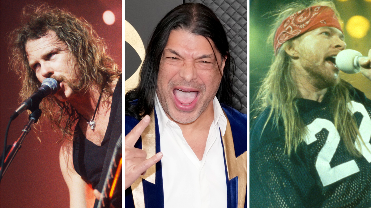 Robert Trujillo in 2023, next to pictures of James Hetfield and Axl Rose in 1992