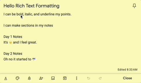 Google Keep's new text formatting features