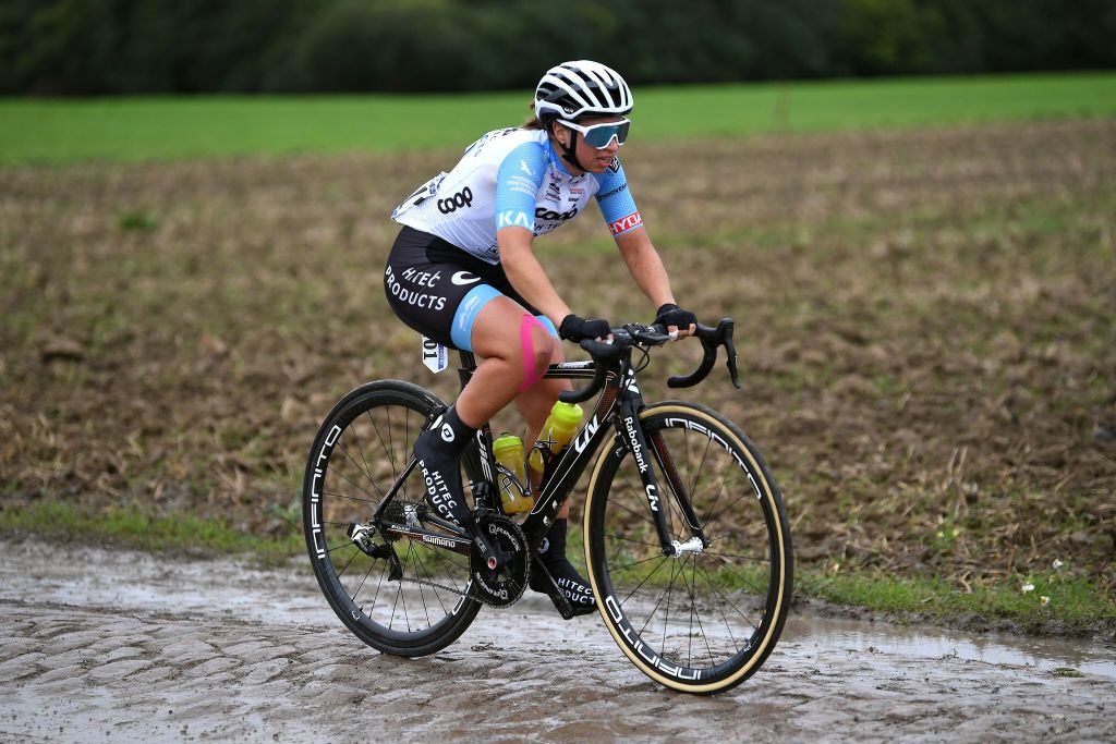 ROUBAIX FRANCE OCTOBER 02 Emma Boogaard of Netherlands and Team Coop Hitec Products competes through cobblestones sector during the 1st ParisRoubaix 2021 Womens Elite a 1164km race from Denain to Roubaix ParisRoubaixFemmes ParisRoubaix on October 02 2021 in Roubaix France Photo by Tim de WaeleGetty Images