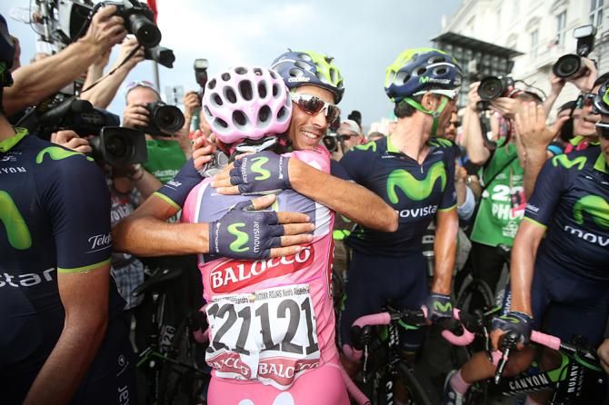 Nairo Quintana celebrates his win with this Movistar teammates