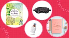 Collage image with four of the best gifts for Gemini ideas, including a camera, a self-care book, a sleep mask and a travel journal, against a hot pink background