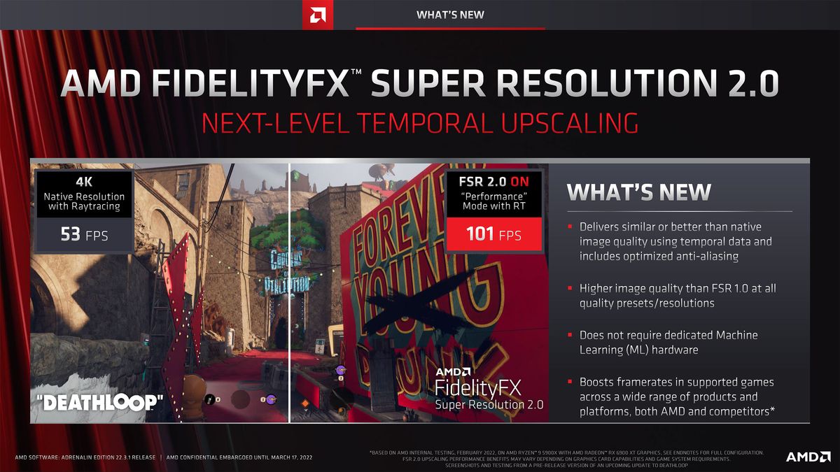 Slide deck for AMD Software Adrenalin Edition 22.3.1 with RSR and FSR 2.0