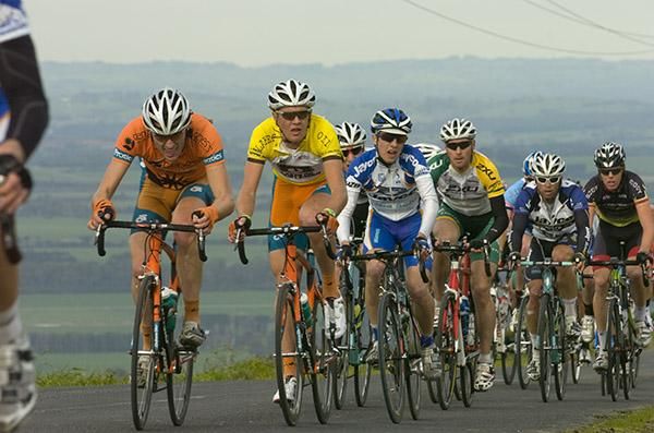 The yellow jersey of Ben Grenda (Genesys Wealth Advisers) at the front of the race on the climb during the short 68.2km stage.