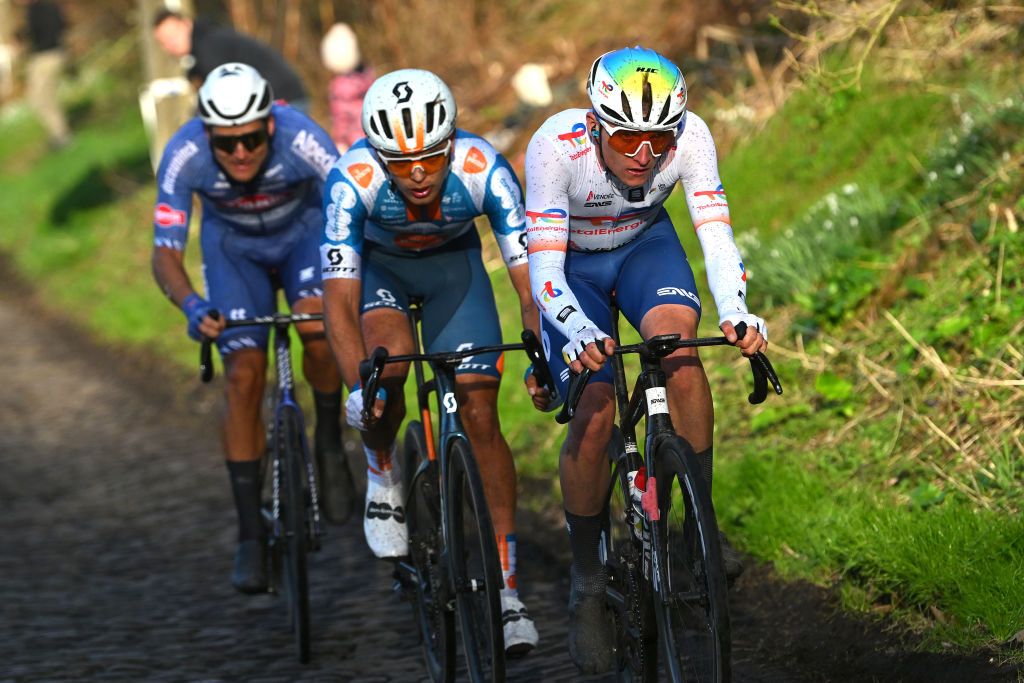 DOUR BELGIUM FEBRUARY 27 LR Jonas Rickaert of Belgium and Team Alpecin Deceuninck Pavel Bittner of Czech Republic and Team dsmfirmenich PostNL and Thomas Gachignard of France and Team TotalEnergies compete in the breakaway during the 56th Le Samyn 2024 a 2043km one day race from Quaregnon to Dour on February 27 2024 in Dour Belgium Photo by Luc ClaessenGetty Images